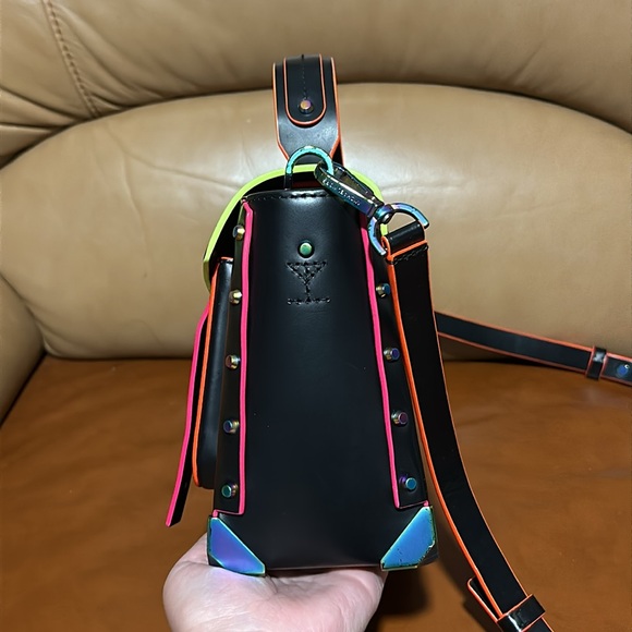 🔥🔥🔥Michael Kors Manhattan Black Leather Multicolor Top Handle Crossbody Bag - Picture 7 of 16